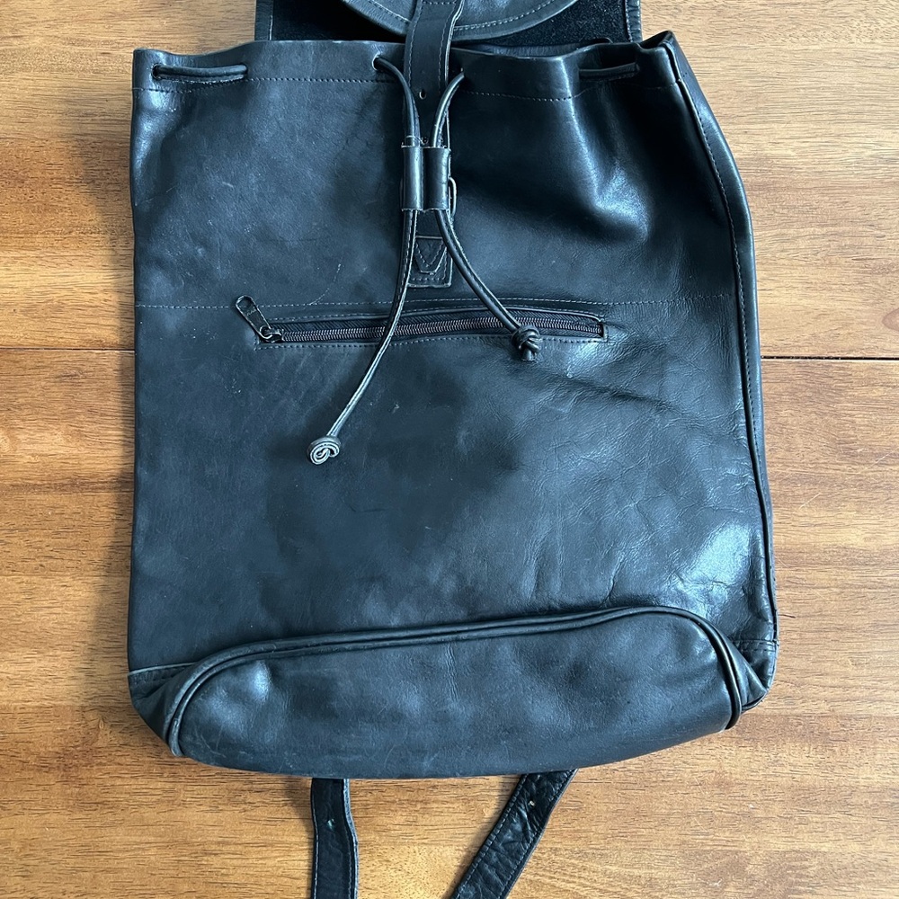 Vintage Black Leather Drawstring Backpack